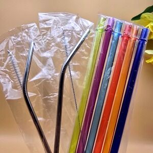 8pc Reusable Straw Set 6 Colorful Plastic Tumbler Straws 2 Metal Straws Brushes